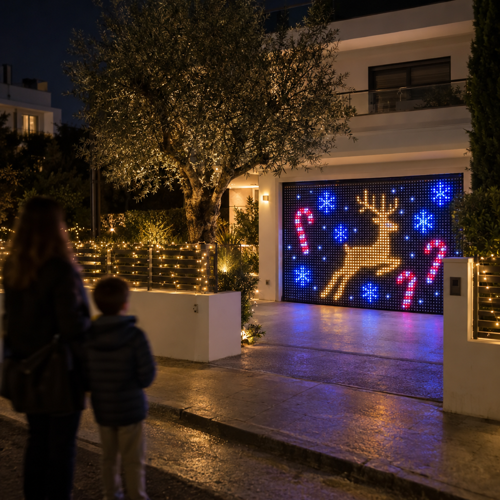 Κουρτίνα LED με τάρανδο σε γκαραζόπορτα στα βόρεια προάστια