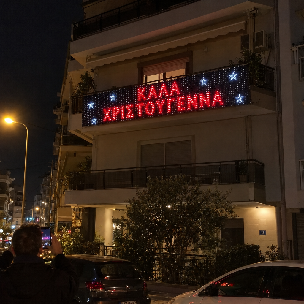 Κουρτίνα LED με μήνυμα Καλά Χριστούγεννα στην Καλαμαριά