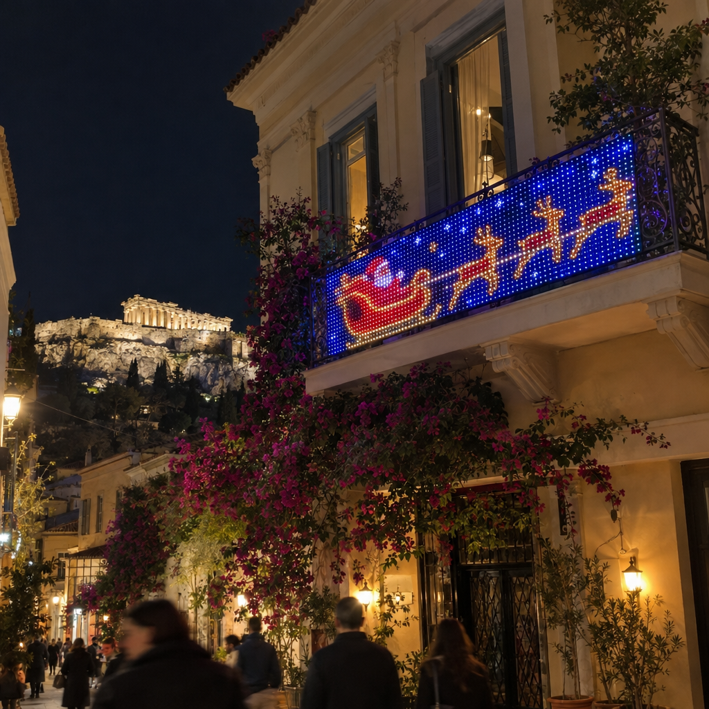 Κουρτίνα LED σε μπαλκόνι στην Πλάκα με θέα την Ακρόπολη
