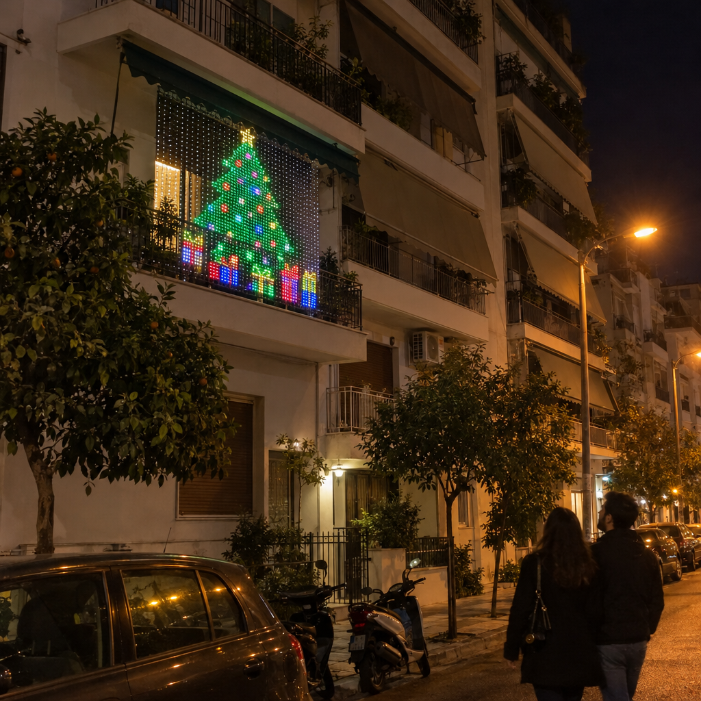 Κουρτίνα LED με χριστουγεννιάτικο δέντρο σε μπαλκόνι πολυκατοικίας στην Αθήνα