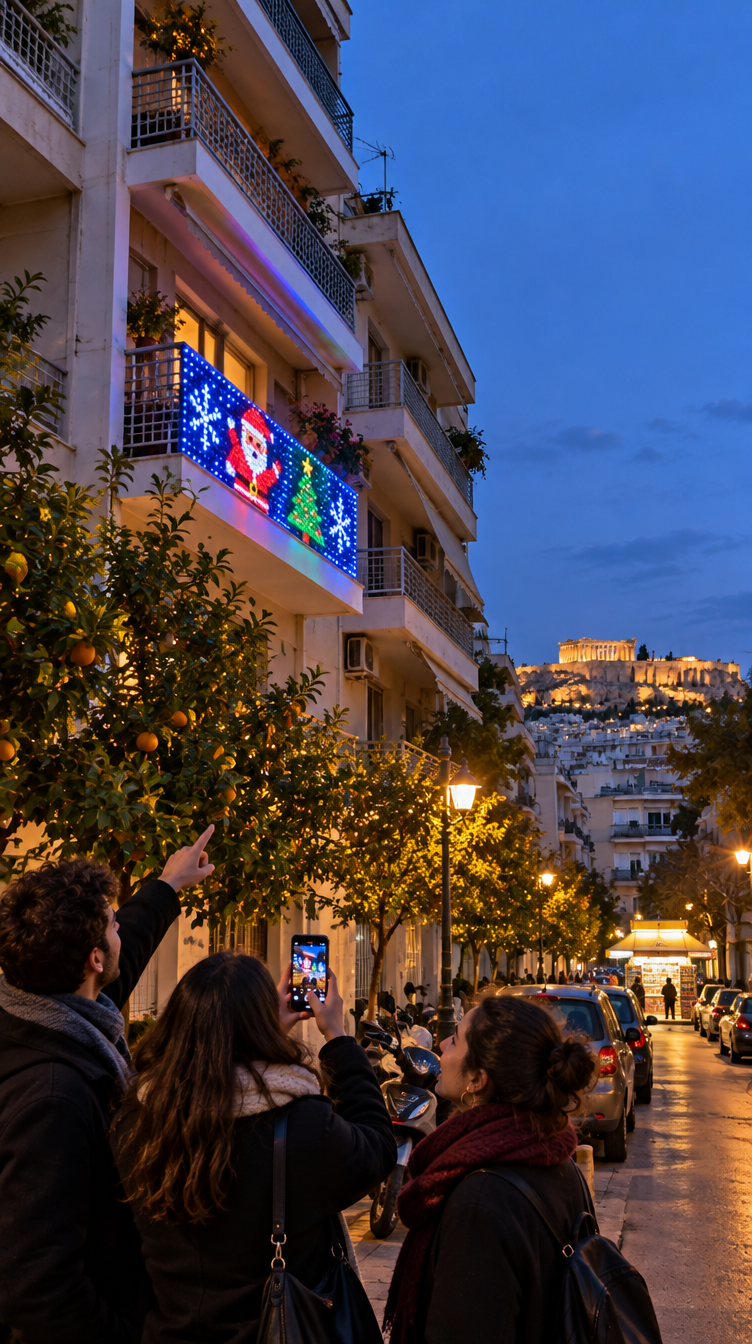 Μπαλκόνι με κουρτίνα LED σε δρόμο της Αθήνας
