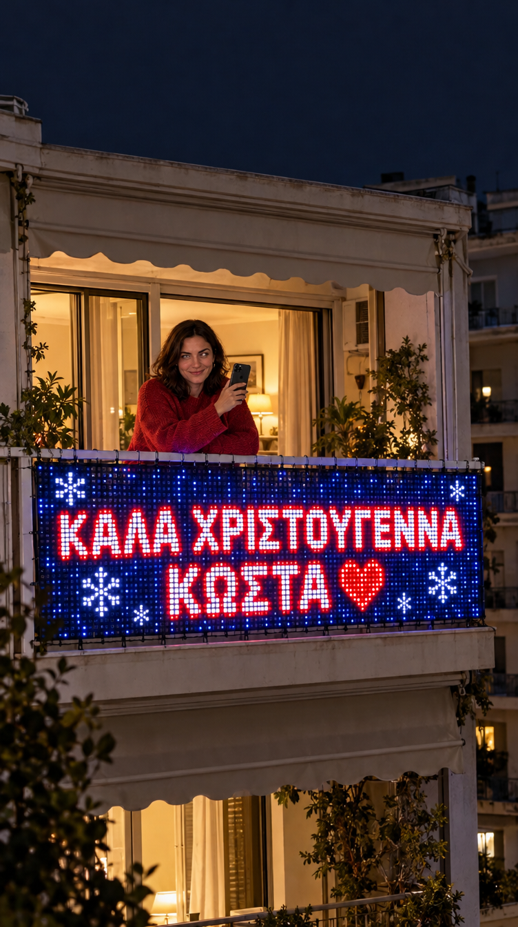 Κουρτίνα LED σε μπαλκόνι με μήνυμα Καλά Χριστούγεννα